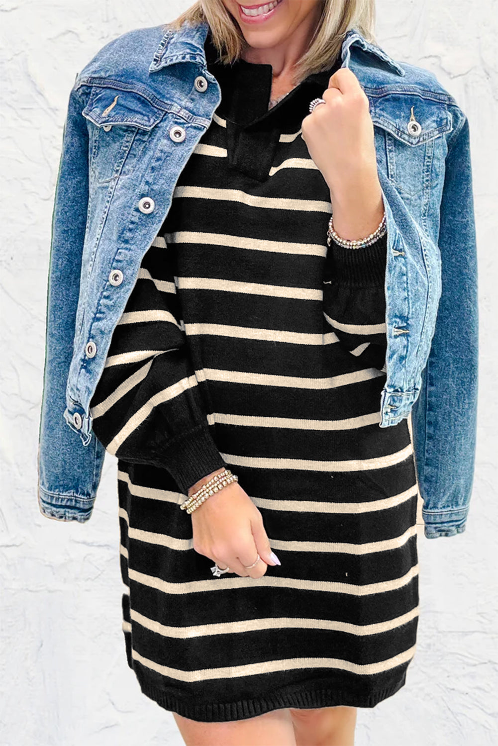 Black Stripe Polo Collar Puff Sleeve Sweater Mini Dress 🇺🇸