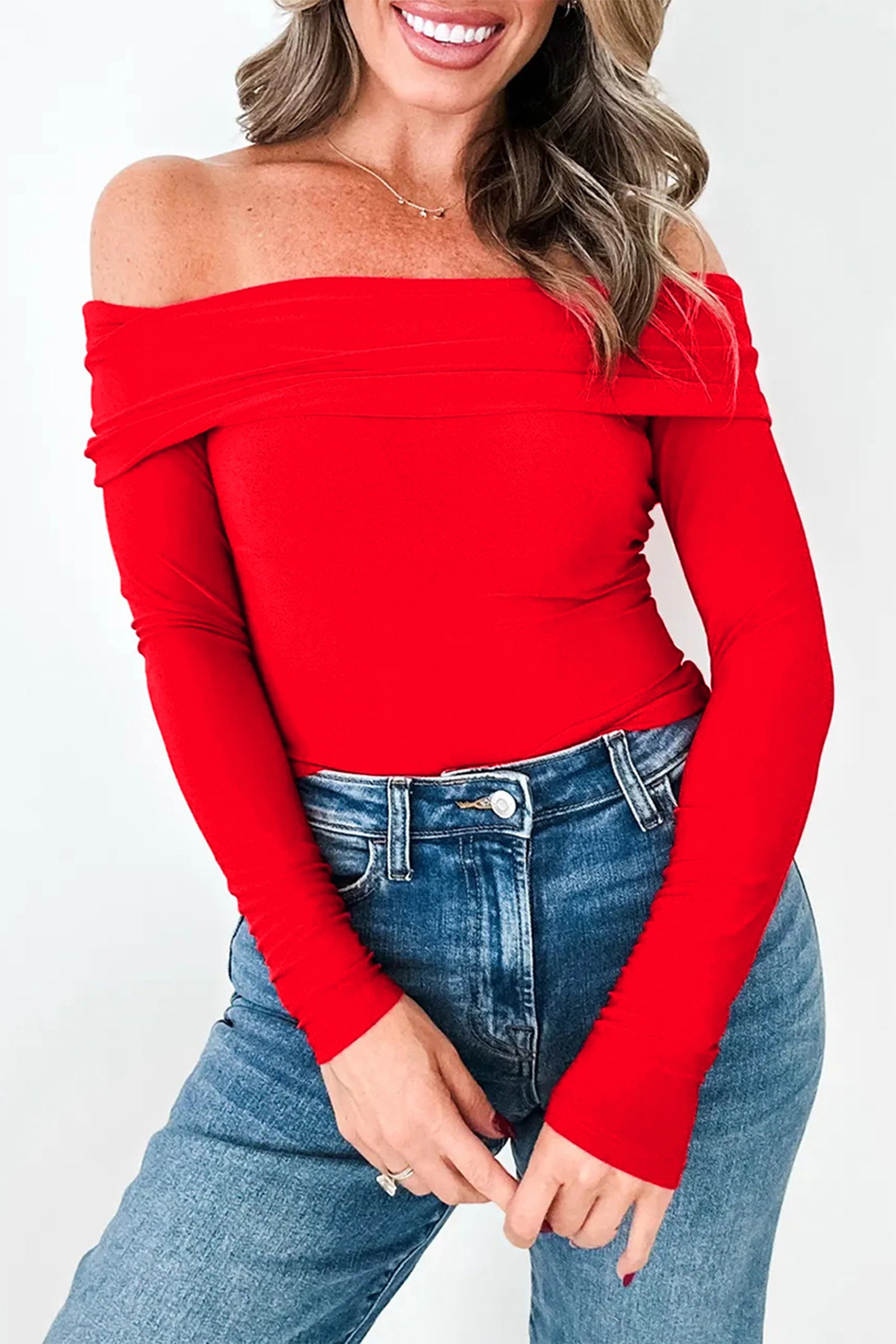 Fiery Red Foldover Off Shoulder Long Sleeve Slim Top 🇺🇸