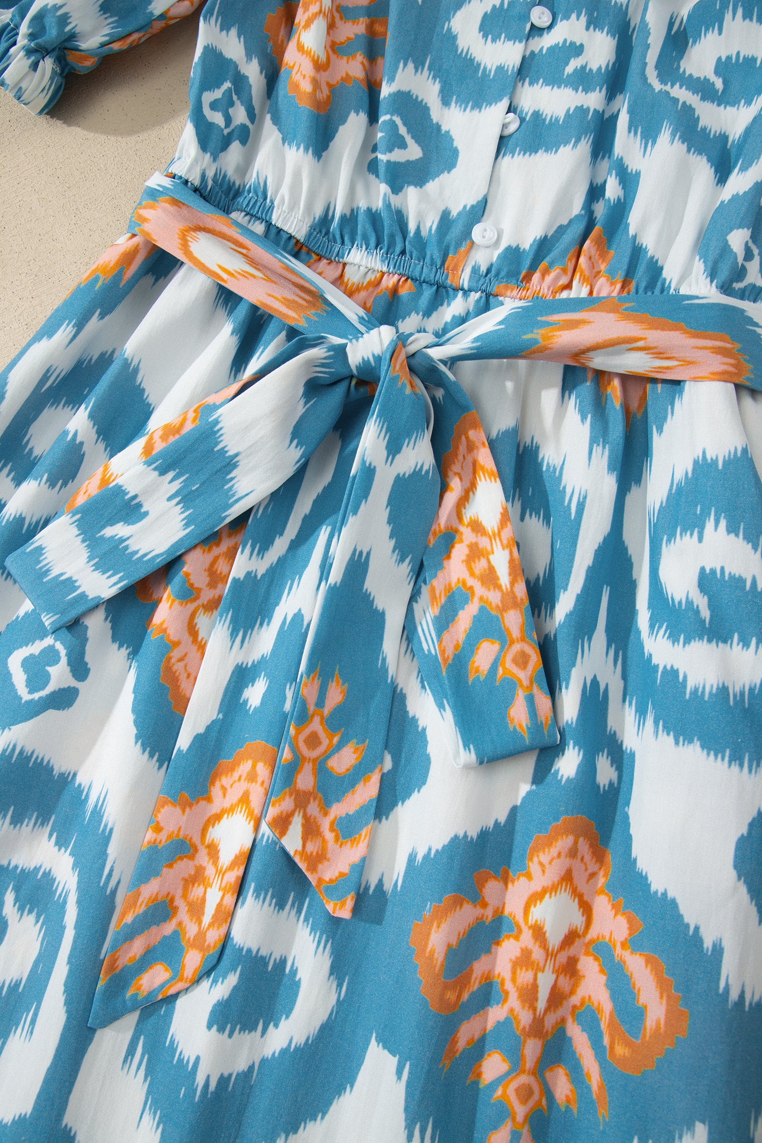 Sky Blue Boho Floral Print Short Puff Sleeve Button Down Ruffle Hem Midi Dress 🇺🇸