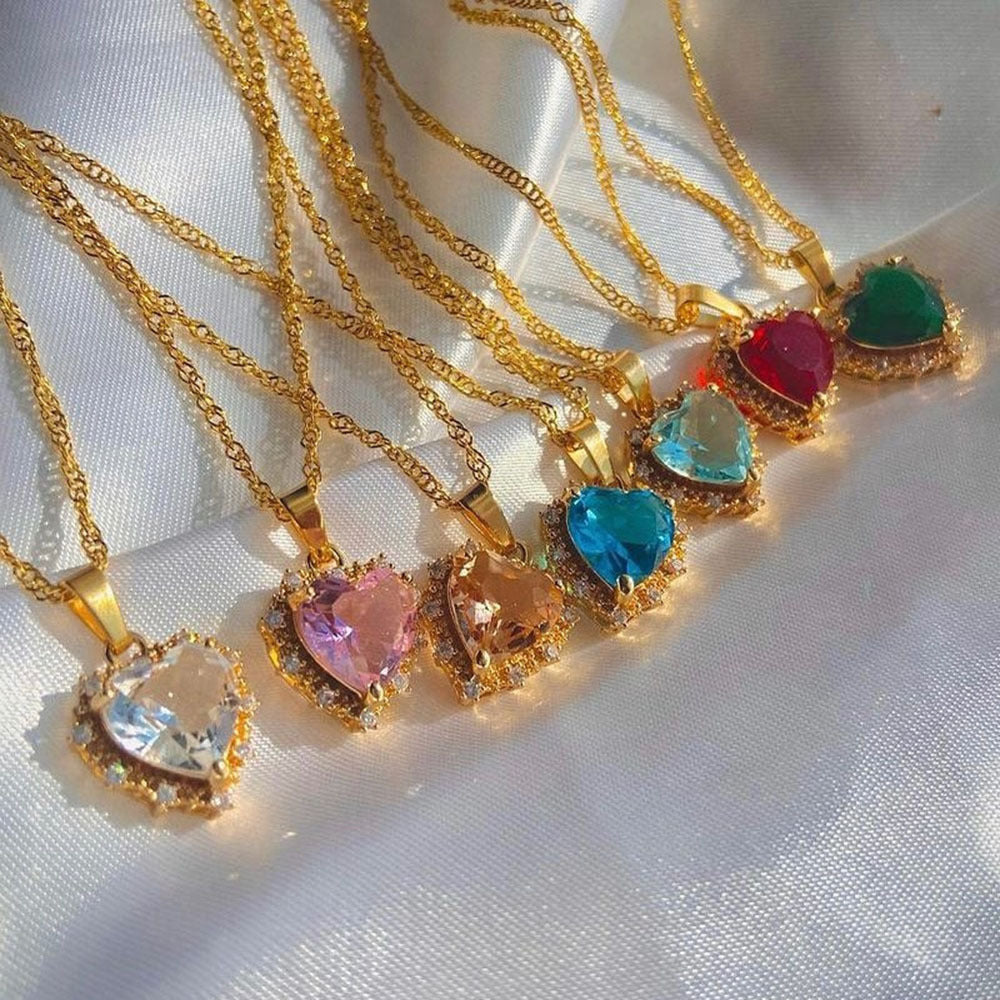 Colorful Rhinestones Heart-shped Necklace Love Gold Clavicle Chain Personalized Jewelry For Women 🇨🇳
