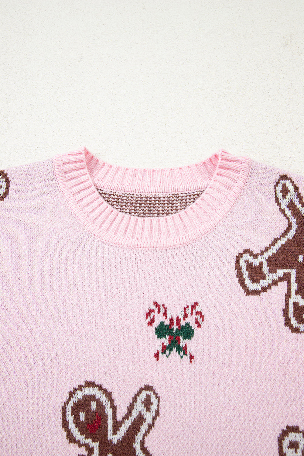 Pink Christmas Ginger Bread Man Print Round Neck Casual Sweater 🇺🇸