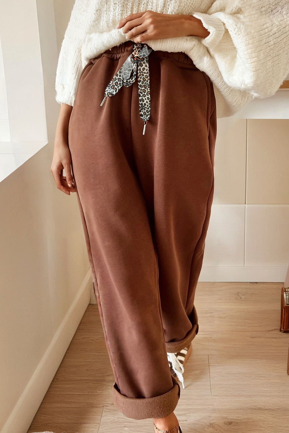 Coffee Fleece Lined Leopard Drawstring Elastic Waist Solid Pants 🇺🇸