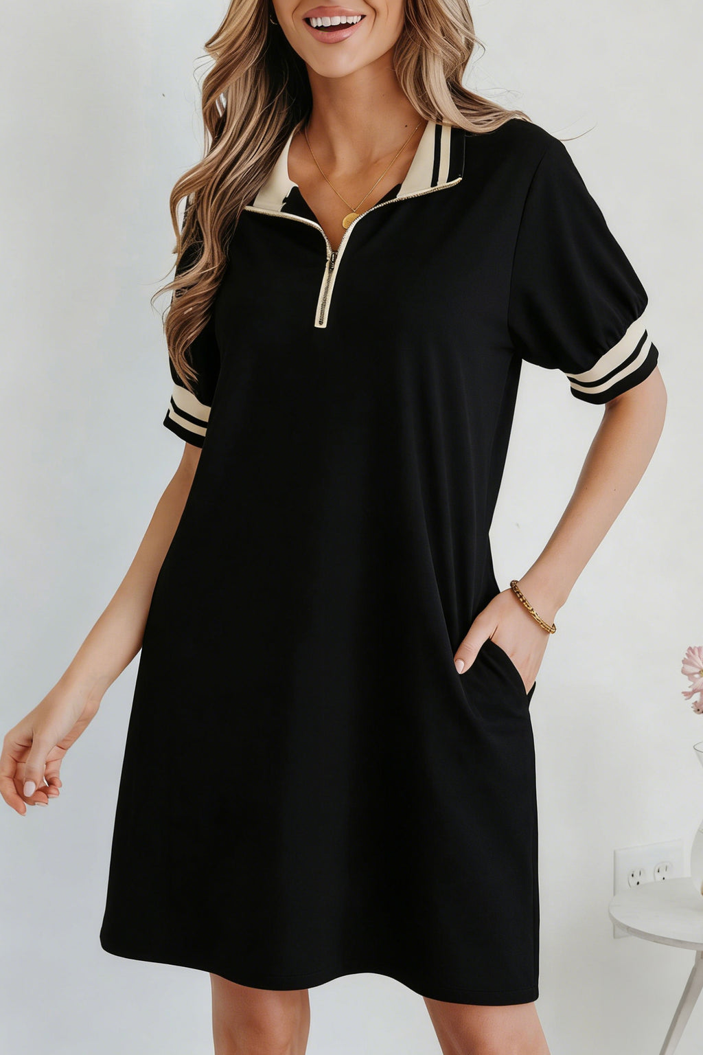 Black Striped Webbing Trim Preppy Polo Tee Dress 🇺🇸
