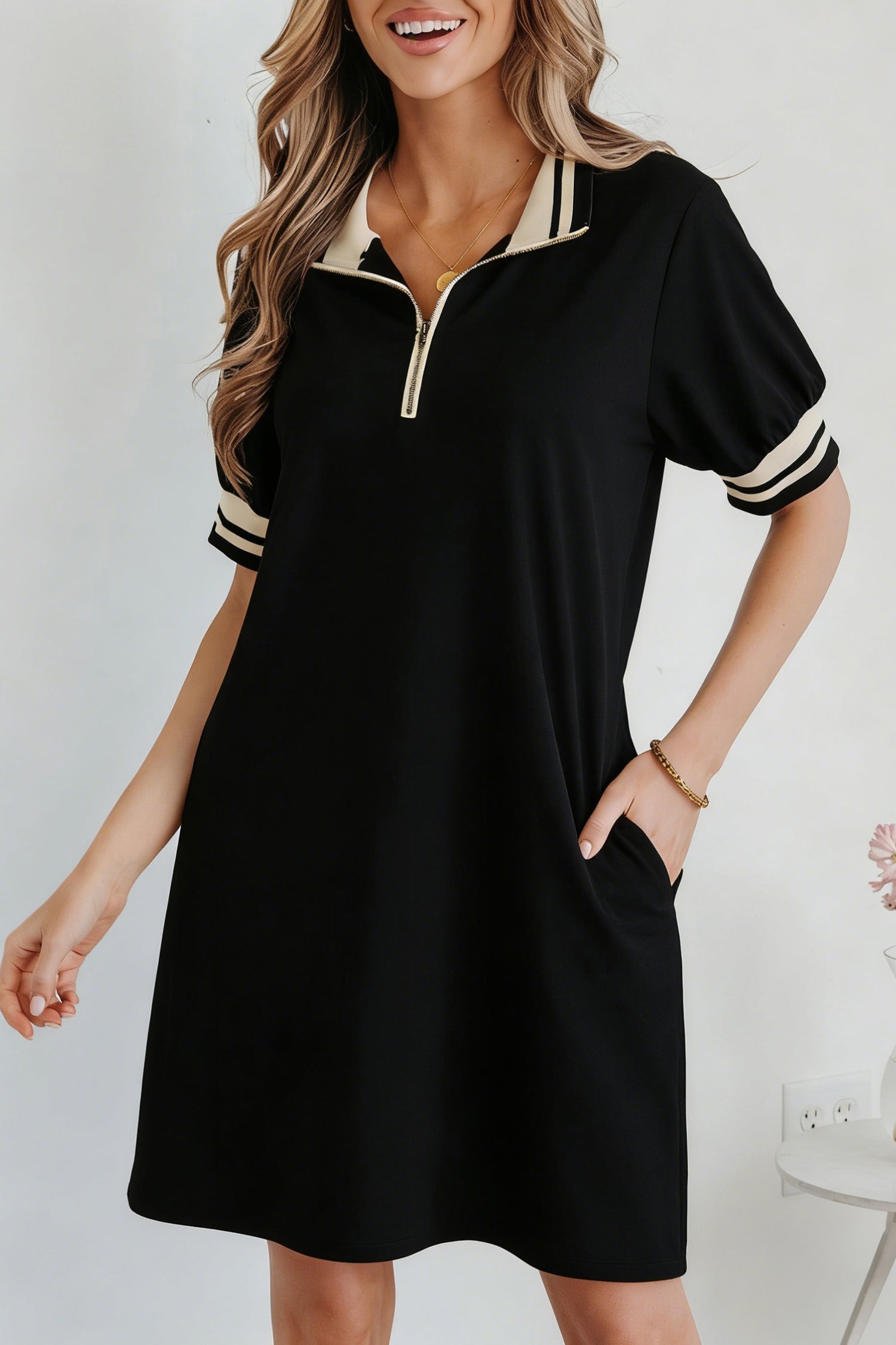 Black Striped Webbing Trim Preppy Polo Tee Dress 🇺🇸