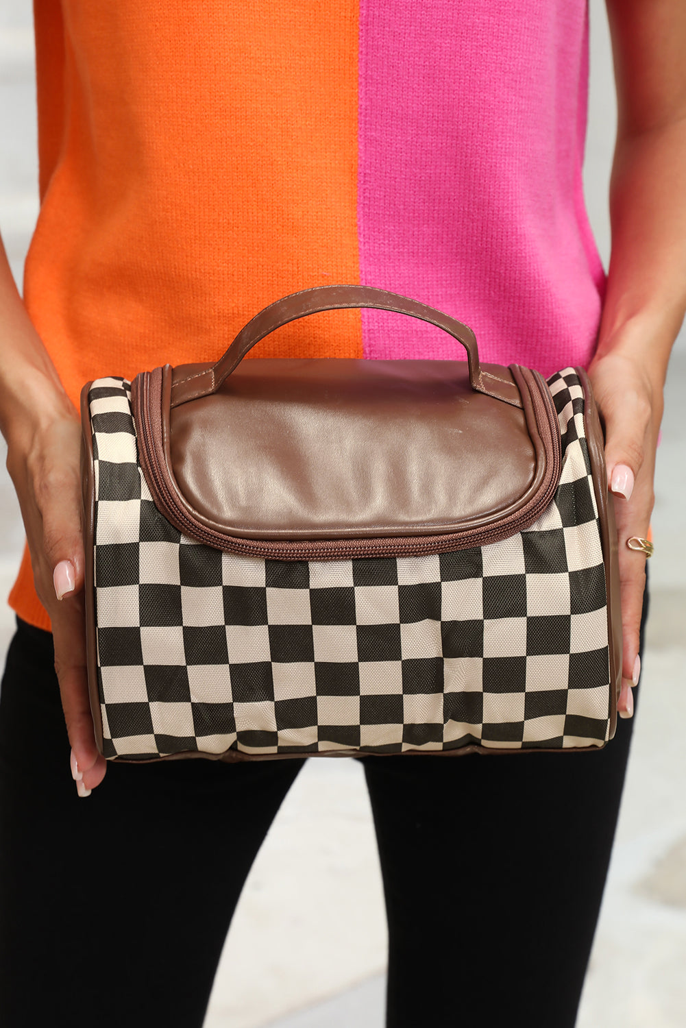 Black Checkered PU Leather Zipper Makeup Bag 🇨🇳