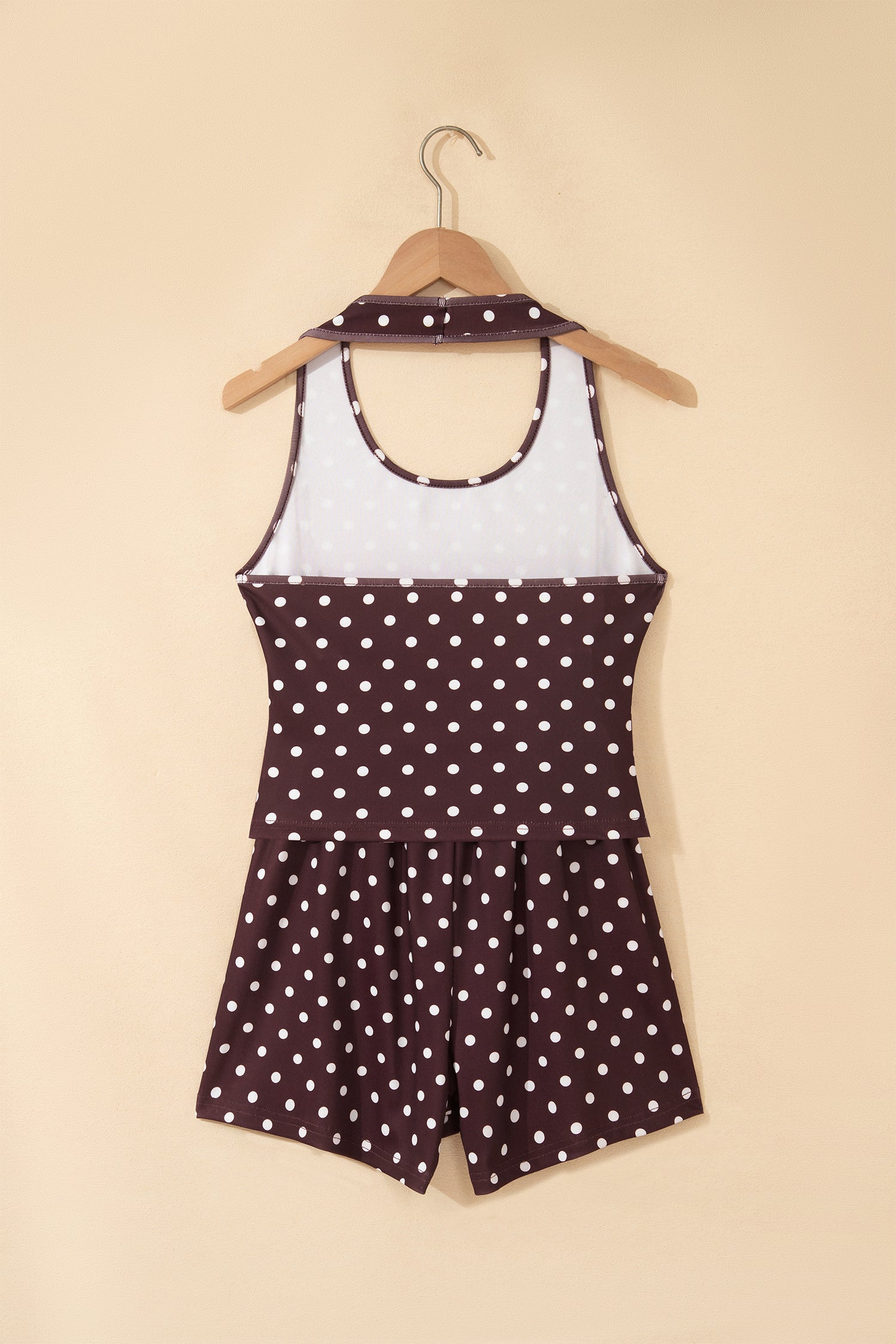 Brown Polka Dot Halter Tank Drawstring Elastic Waist Short Set 🇺🇸