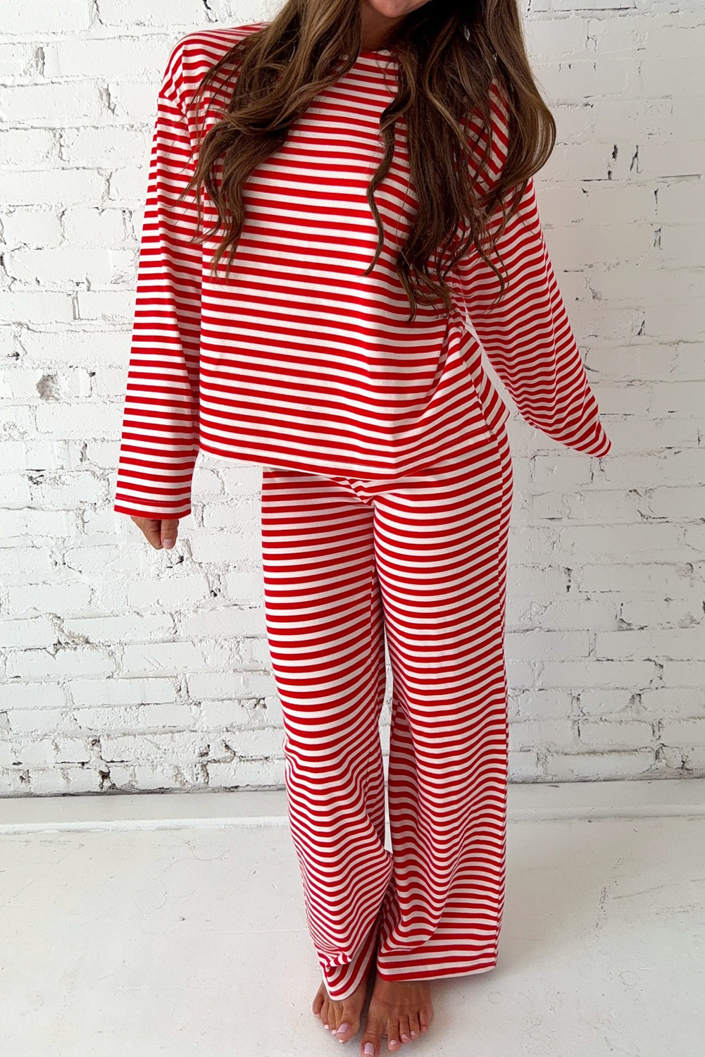 Red Stripe Drop Shoulder Long Sleeve Top Lounge Pants 2pcs Set 🇺🇸