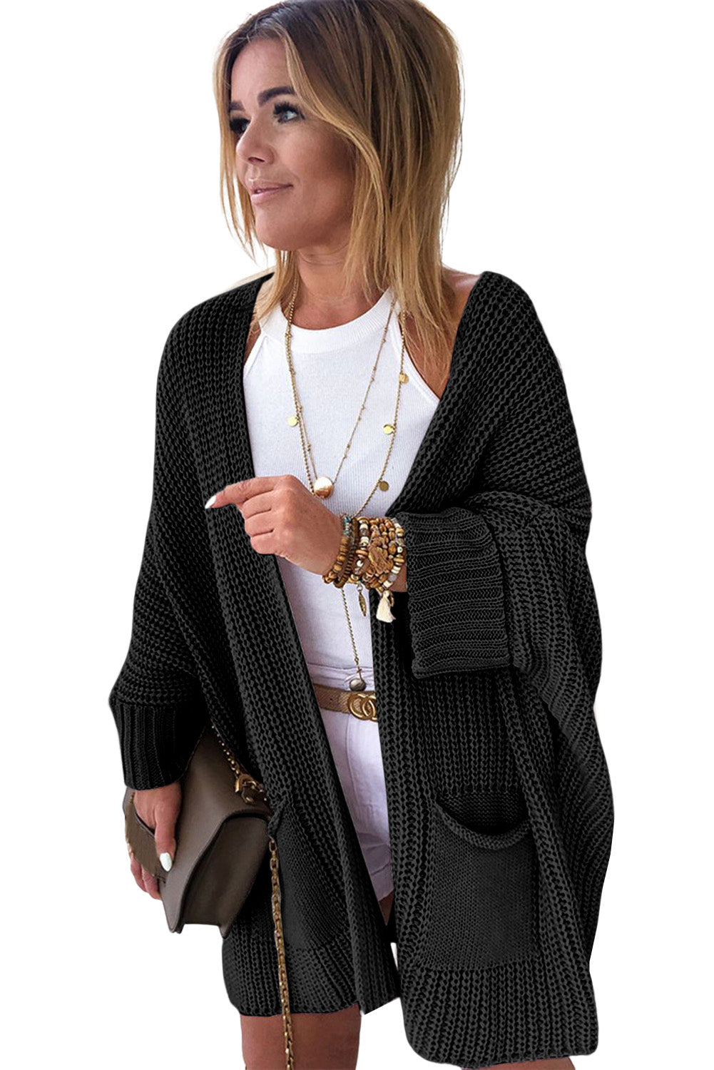 Black Oversized Fold Over Sleeve Open Front Cardigan 🇺🇸