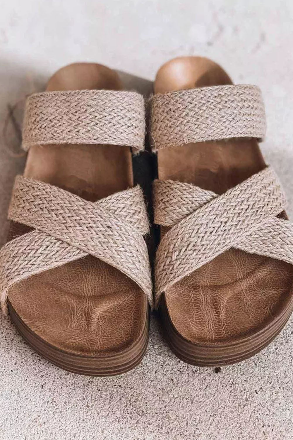Beige Woven Cross Criss Hollowed Slip-On Slippers 🇨🇳