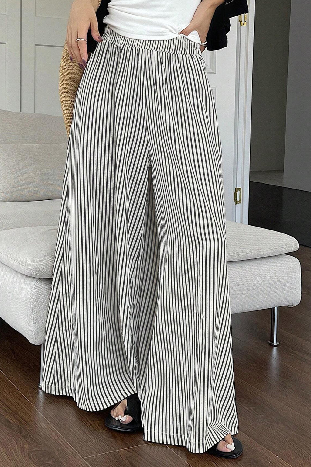 Black Stripe Elastic Waist Ultra Wide Leg Pants 🇺🇸
