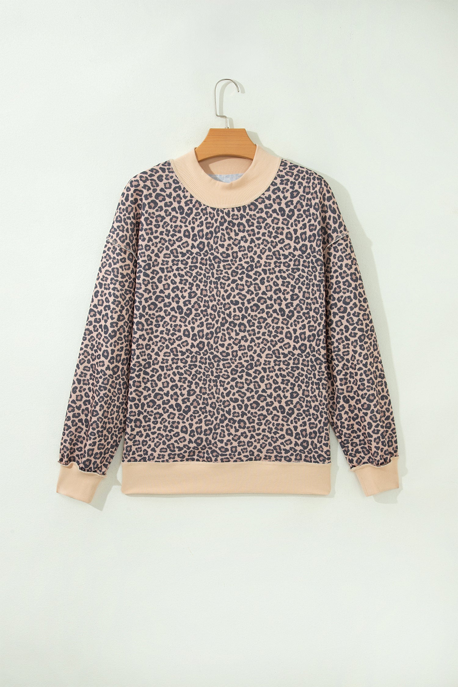 Multicolour Leopard Print High Neck Long Sleeve Ribbed Cuffs Hem Sweatshirt