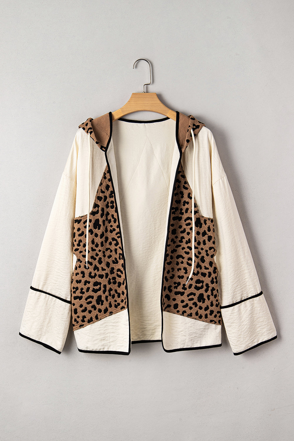 Brown Leopard Star Hooded Patchwork Contrast Piping Open Front Jacket 🇺🇸