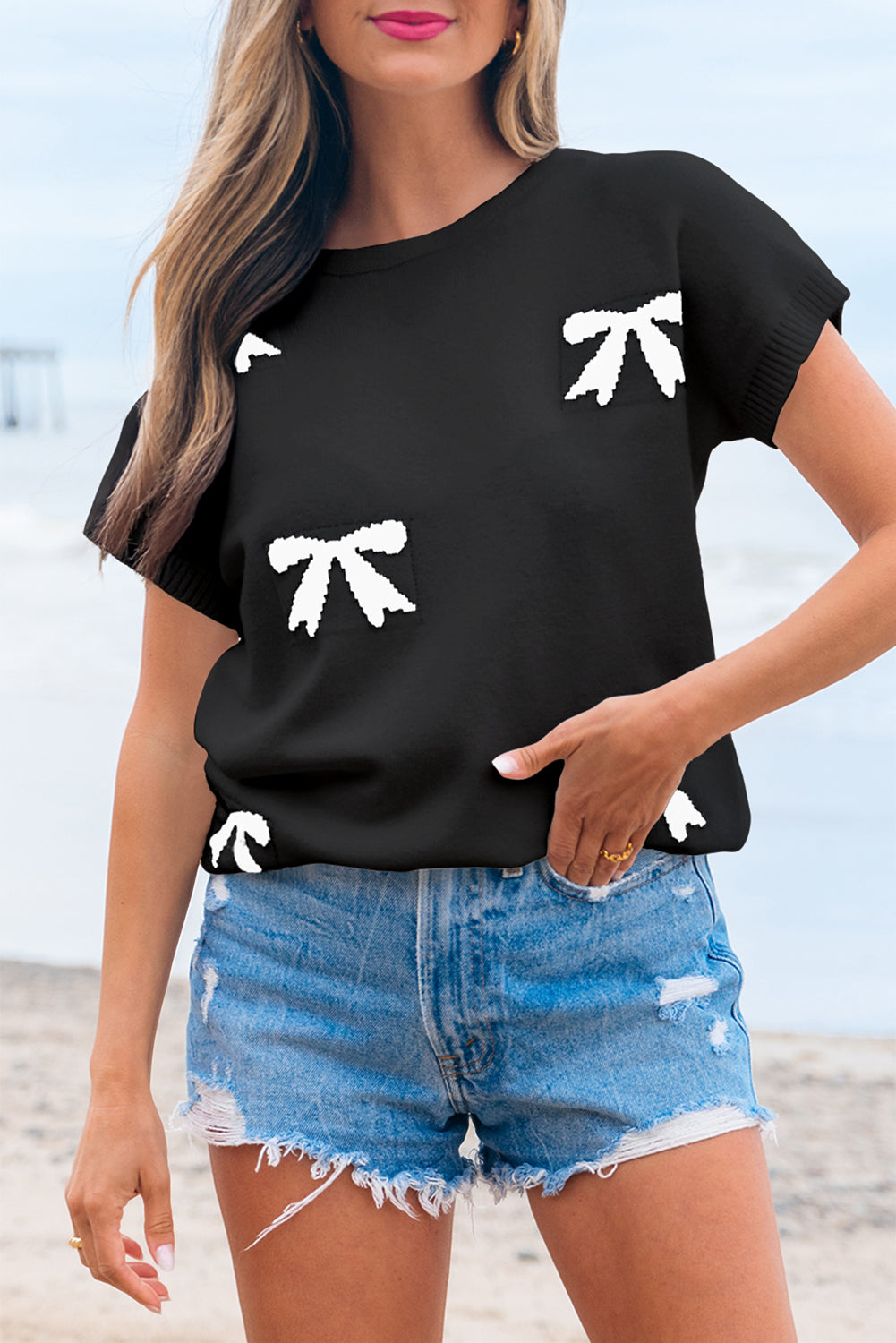 Black Bow Pattern Knit Short Sleeve Sweater 🇺🇲