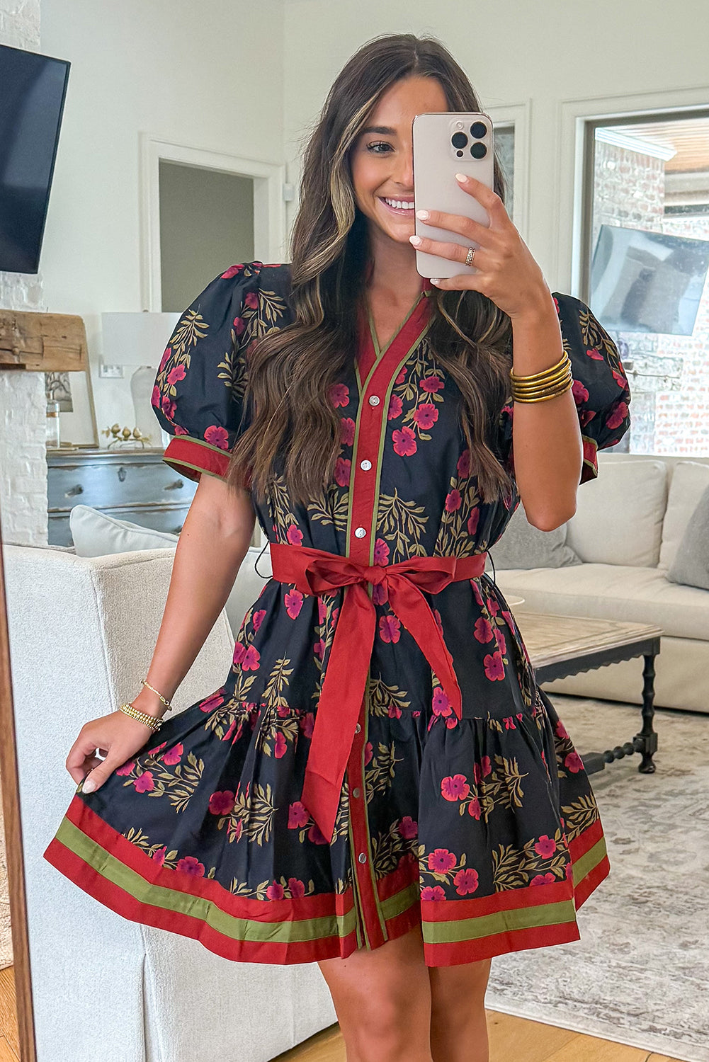 Black Retro Floral Print Button Down Belted Short Puff Sleeve Mini Dress 🇺🇸