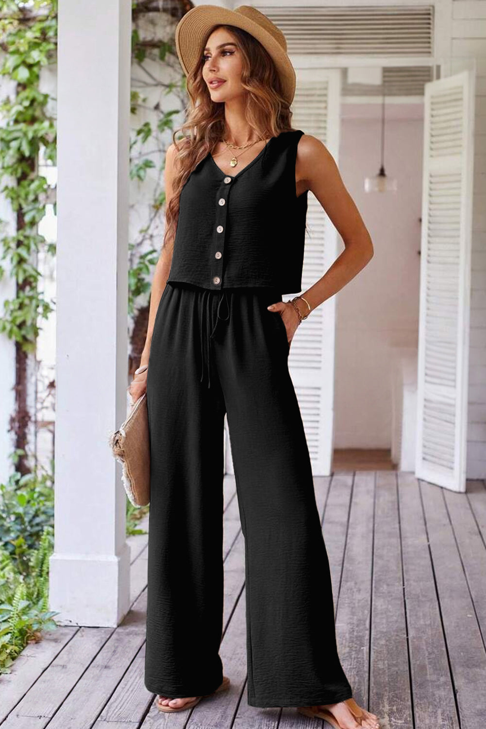 Black Buttoned Vest Drawstring Wide Leg Pants 2pcs Set 🇨🇳