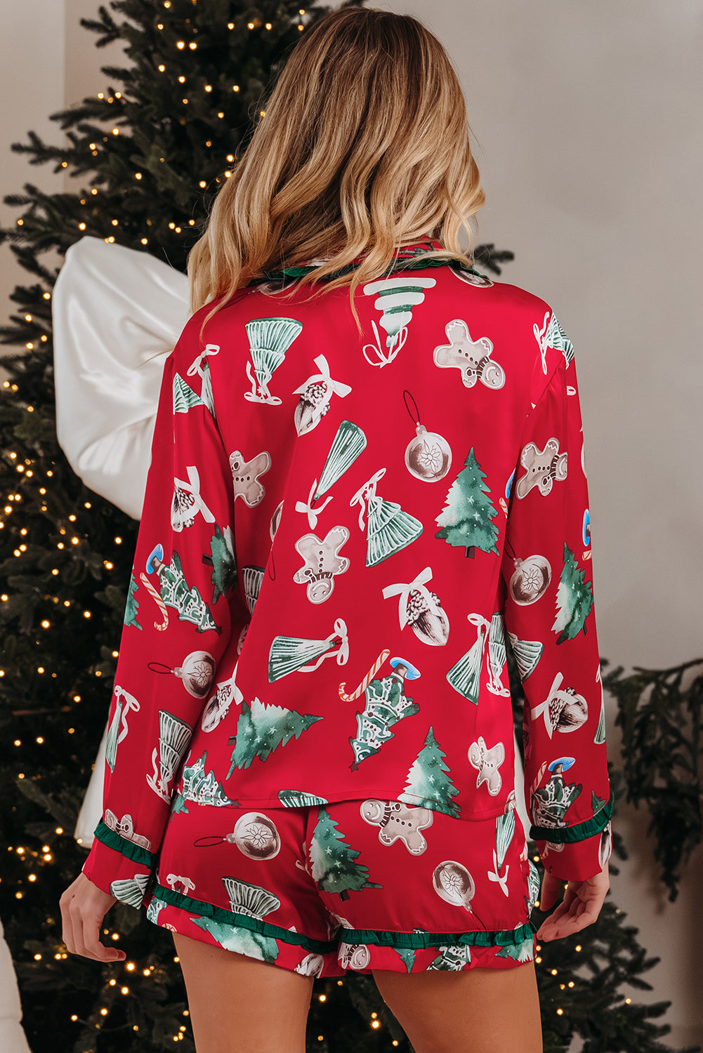 Red Christmas Fashion Print Contrast Ruffle Trim Ribbon Bow Knot 2pcs Pajama Set 🇺🇸