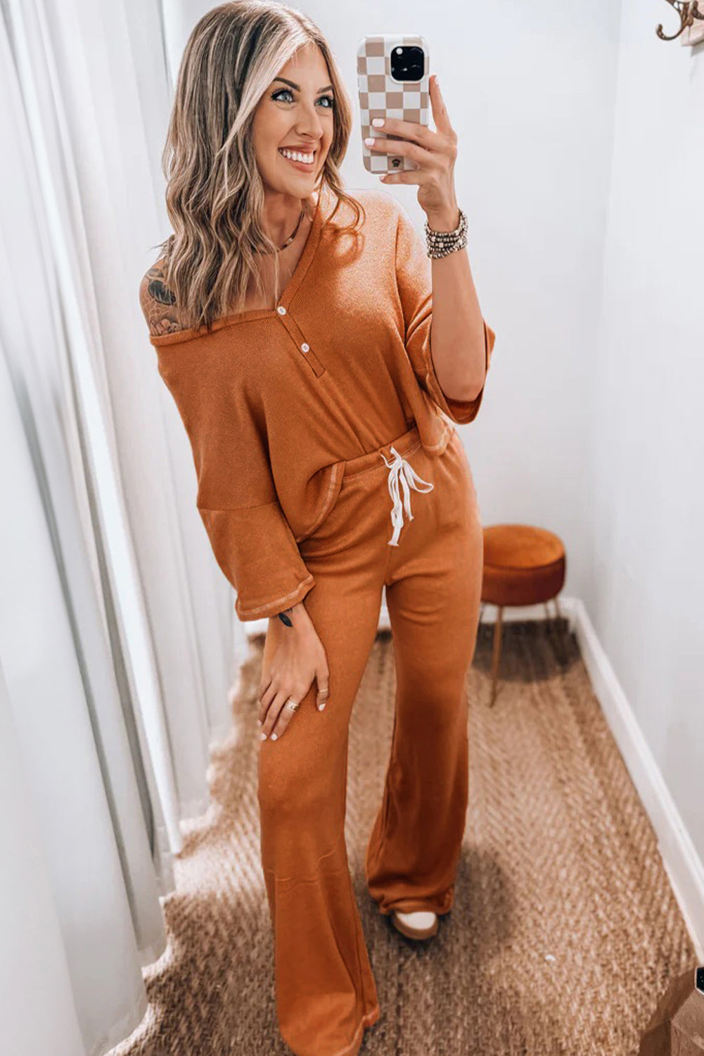 Grapefruit Orange Contrast Stitching Buttoned V Neck Half Sleeve Top and Drawstring Flare Pants Set 🇺🇸