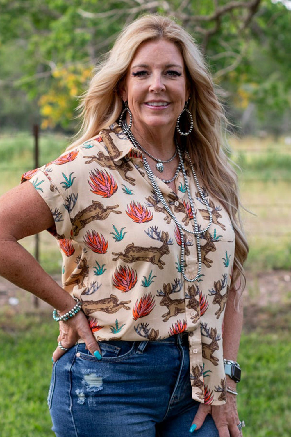 Khaki Plus Size Western Pattern Print Buttoned Short Sleeve Shirt 🇨🇳