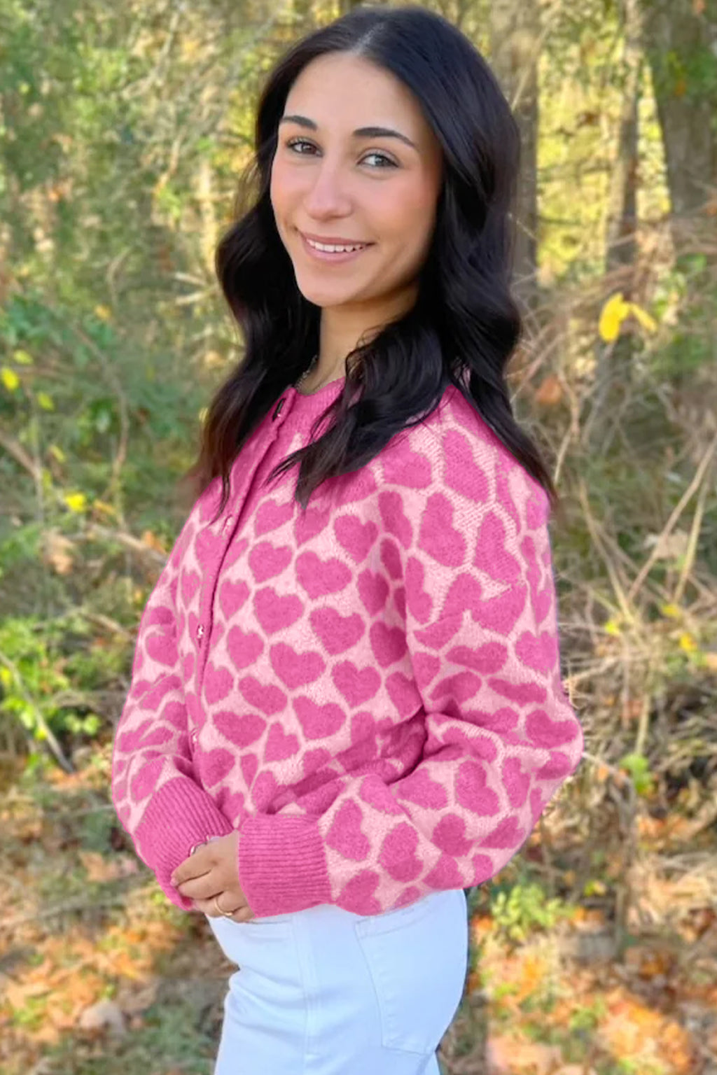Pink Heart Pattern Drop Shoulder Long Sleeve Button Front Cardigan 🇺🇸