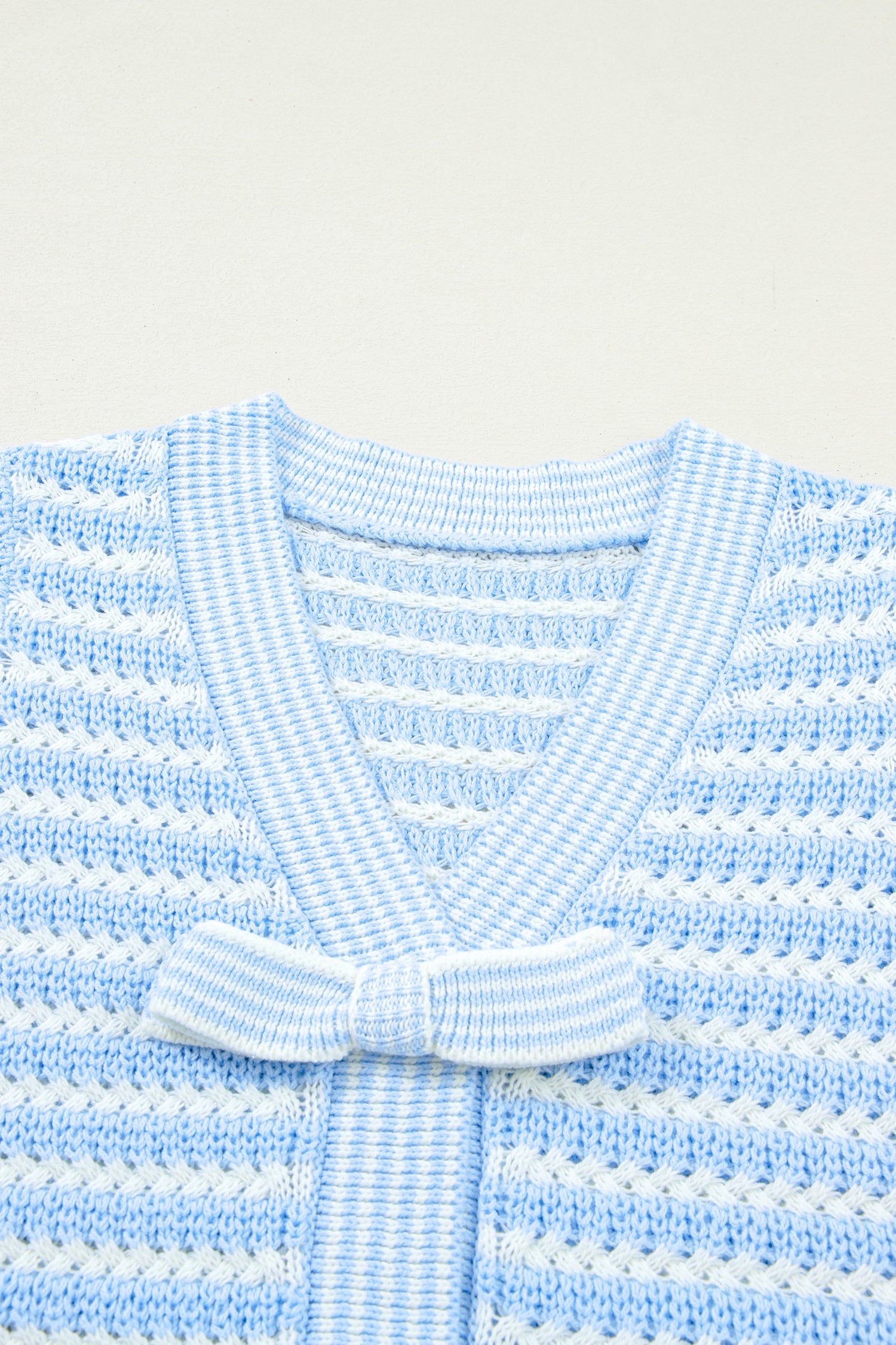 Sky Blue Stripe Short Sleeve Knit V Neck Bow Knot Sweater 🇺🇸