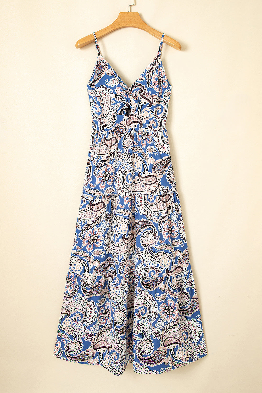 Blue Paisley Print Twist Detail Smocked Back Spaghetti Straps Long Dress 🇨🇳