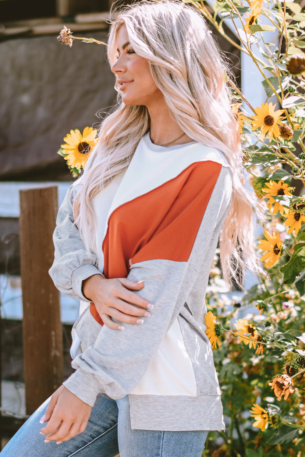 Khaki Colorblock Stitching Irregular Hem Long Sleeve Top 🇺🇸