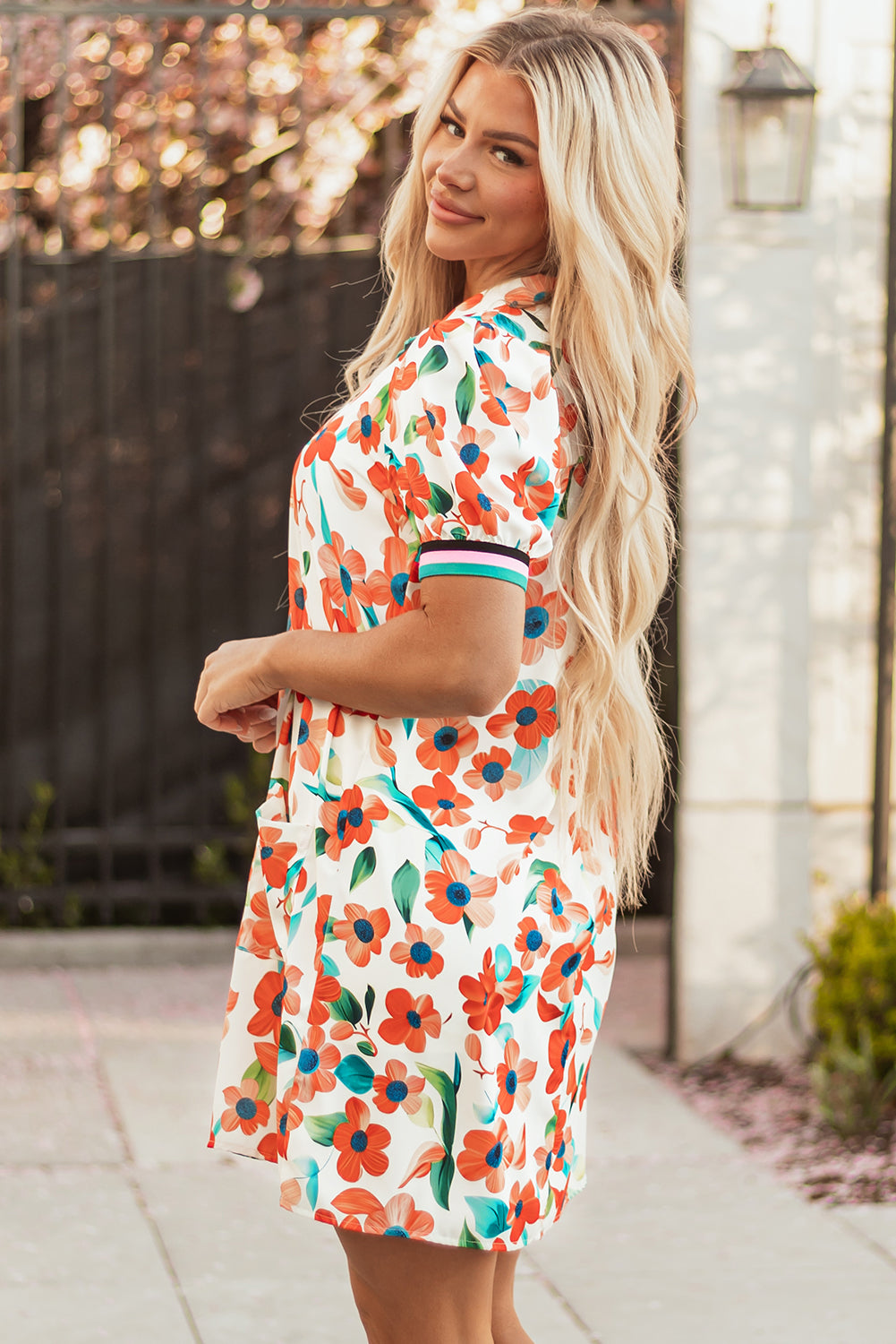 Orange Contrast Trim Floral Split Neck Puff Short Sleeve Tiered Mini Dress 🇺🇸