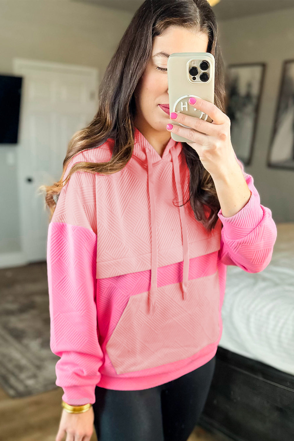 Pink Textured Color Block Kangaroo Pocket Drop Shoulder Hoodie 🇺🇸