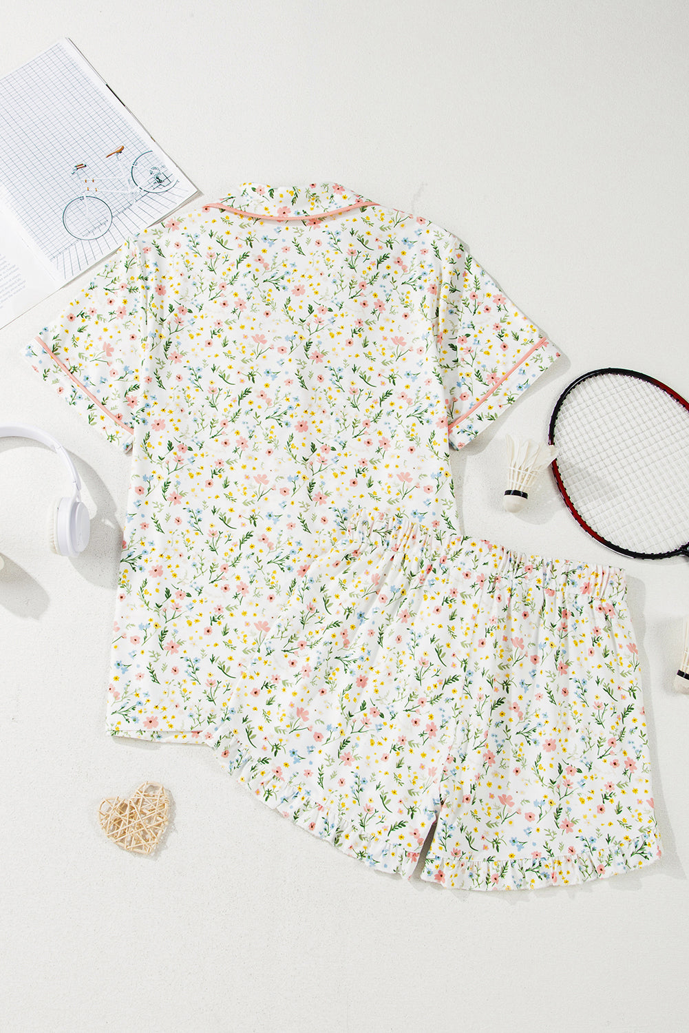 White Floral Print Contrast Pipping Short Pajamas Set 🇨🇳