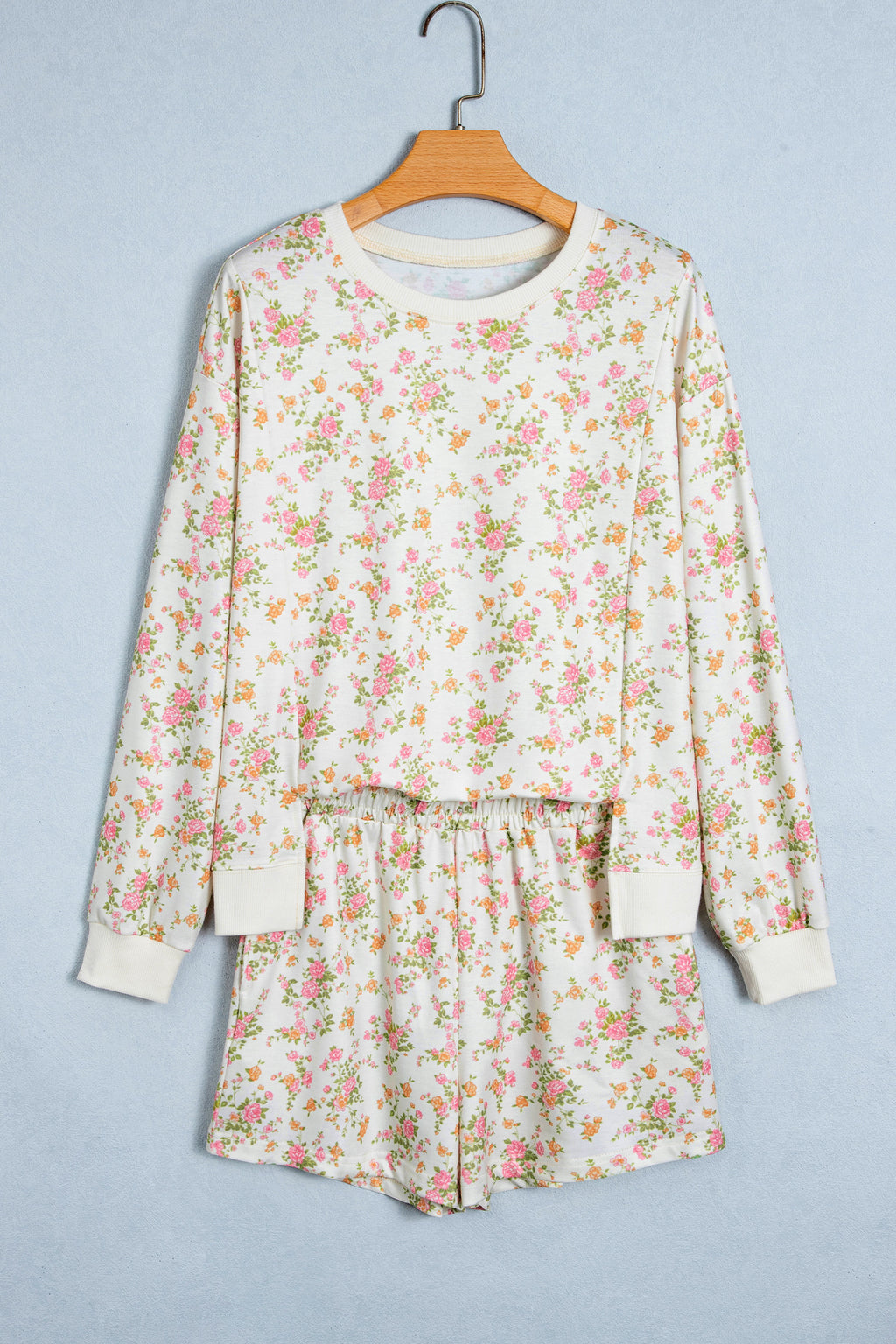 Beige Floral Print Long Sleeve Shift Top Pocketed Shorts 2pcs Set 🇺🇸