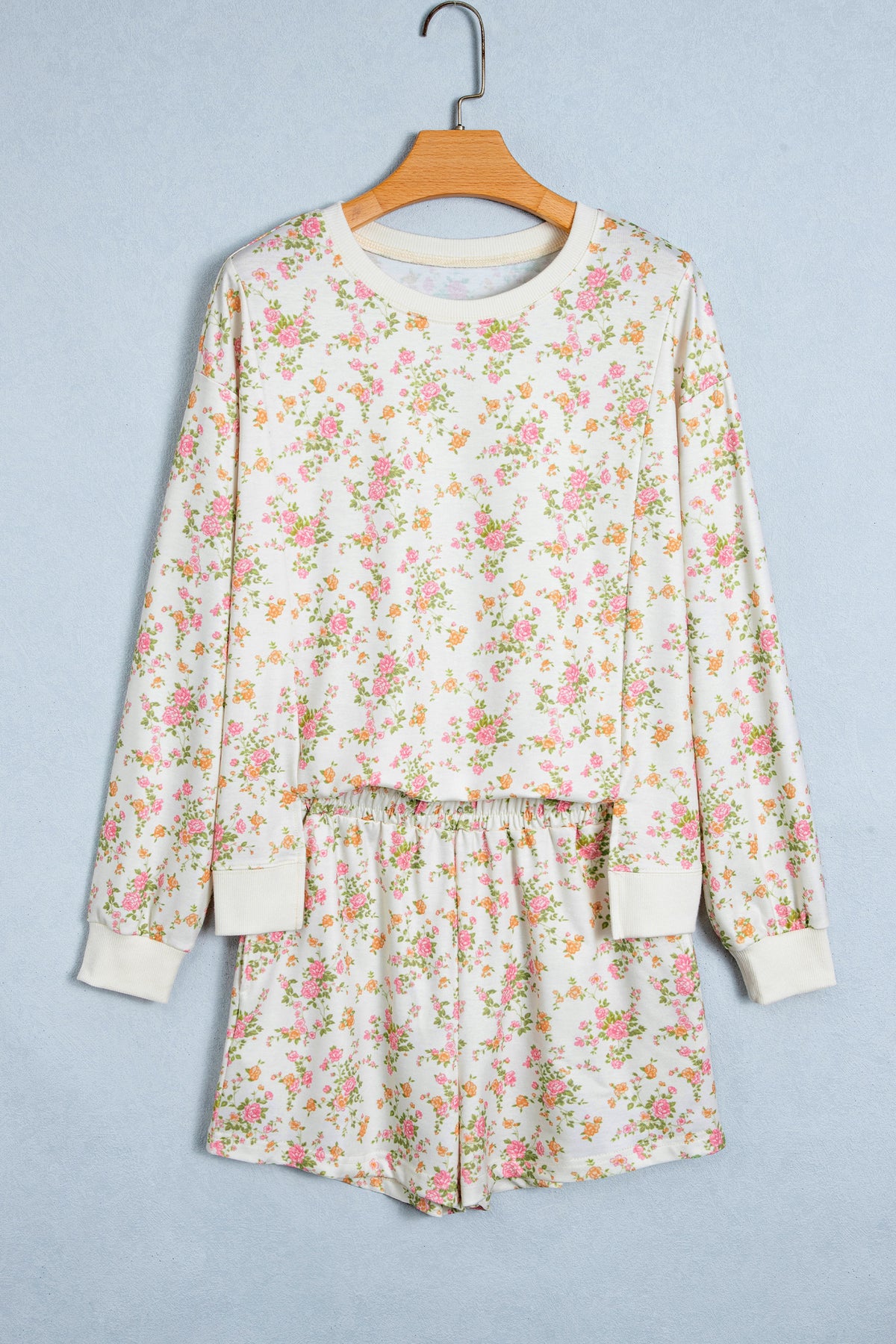 Beige Floral Print Long Sleeve Shift Top Pocketed Shorts 2pcs Set 🇺🇸