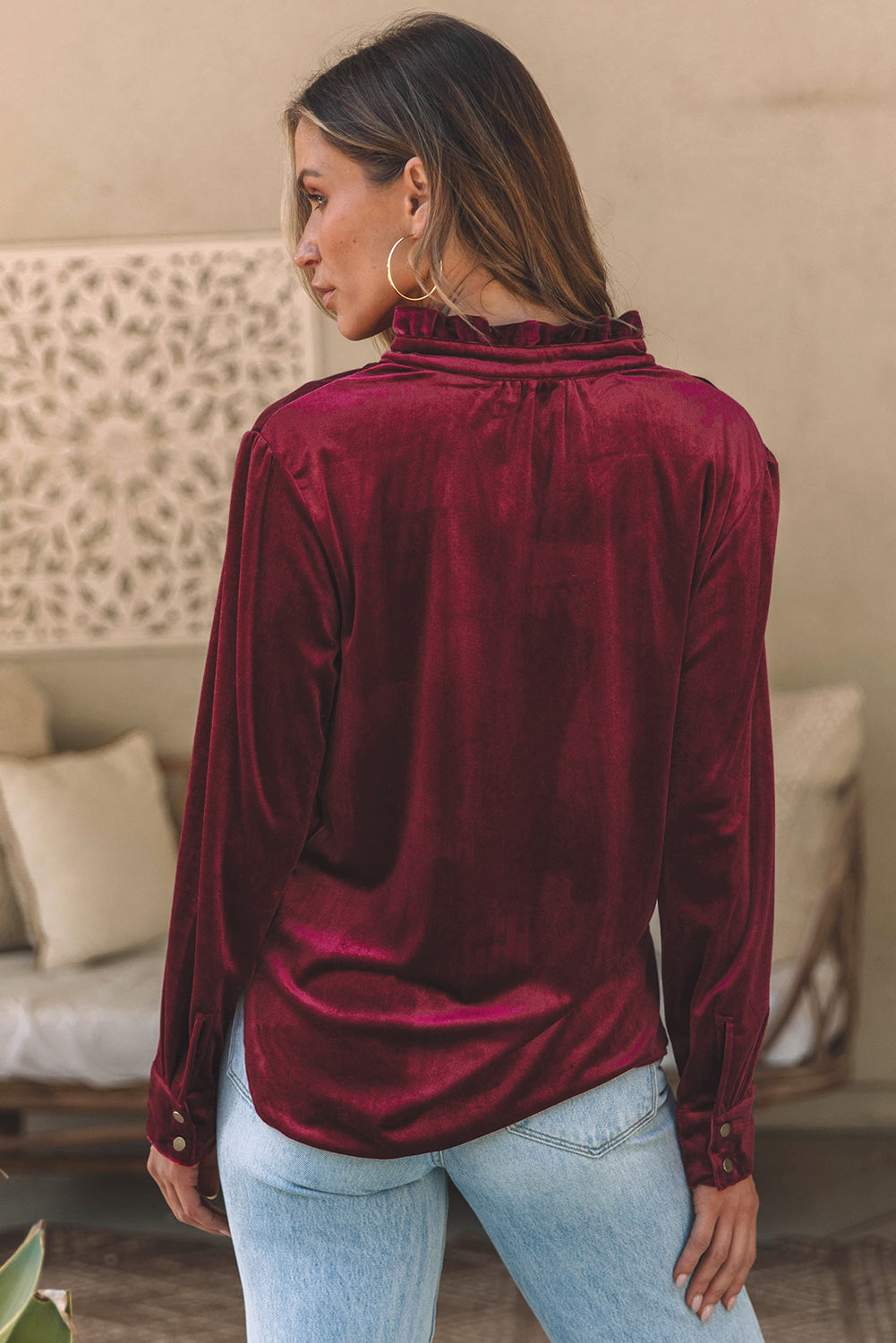 Burgundy Frilled Neck Buttoned Front Velvet Top 🇺🇸