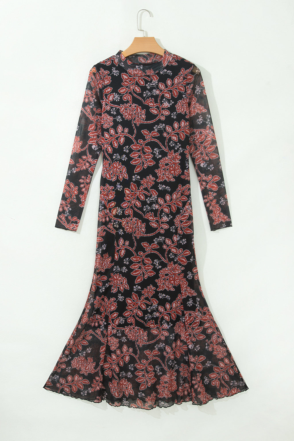 Black Retro Floral Print Long Sleeve Casual Mesh Dress 🇺🇸