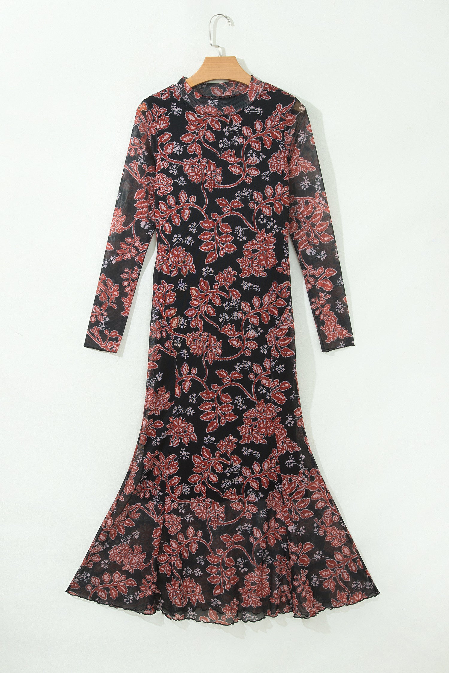 Black Retro Floral Print Long Sleeve Casual Mesh Dress 🇺🇸