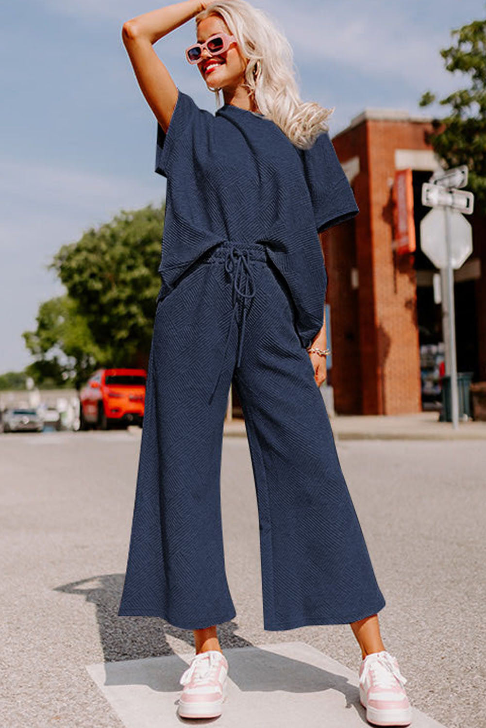 Navy Blue Textured Loose Fit T Shirt and Drawstring Pants Set 🇨🇳