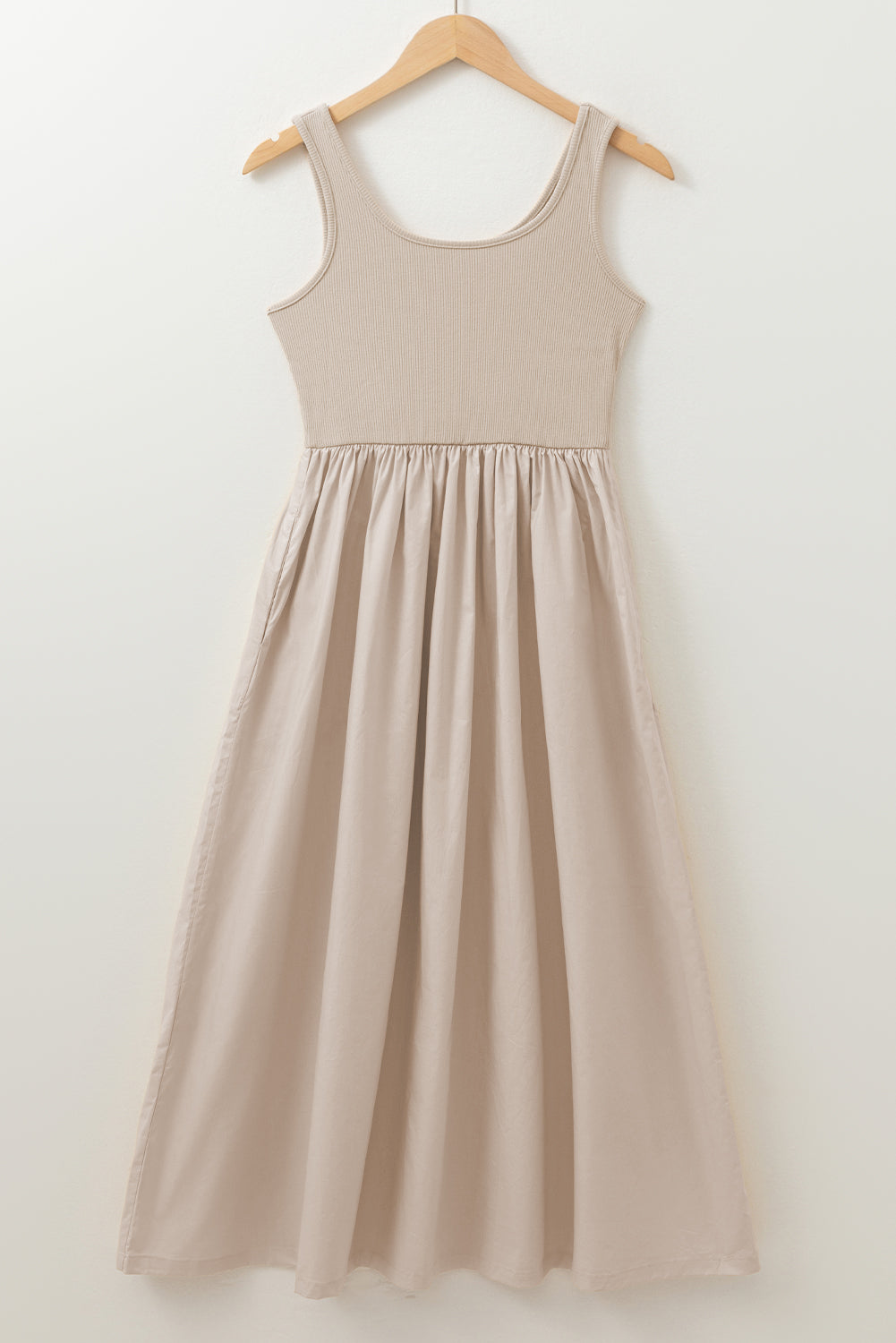 Beige Scoop Neck Ribbed Bodice Pleated Sleeveless Long Dress 🇨🇳