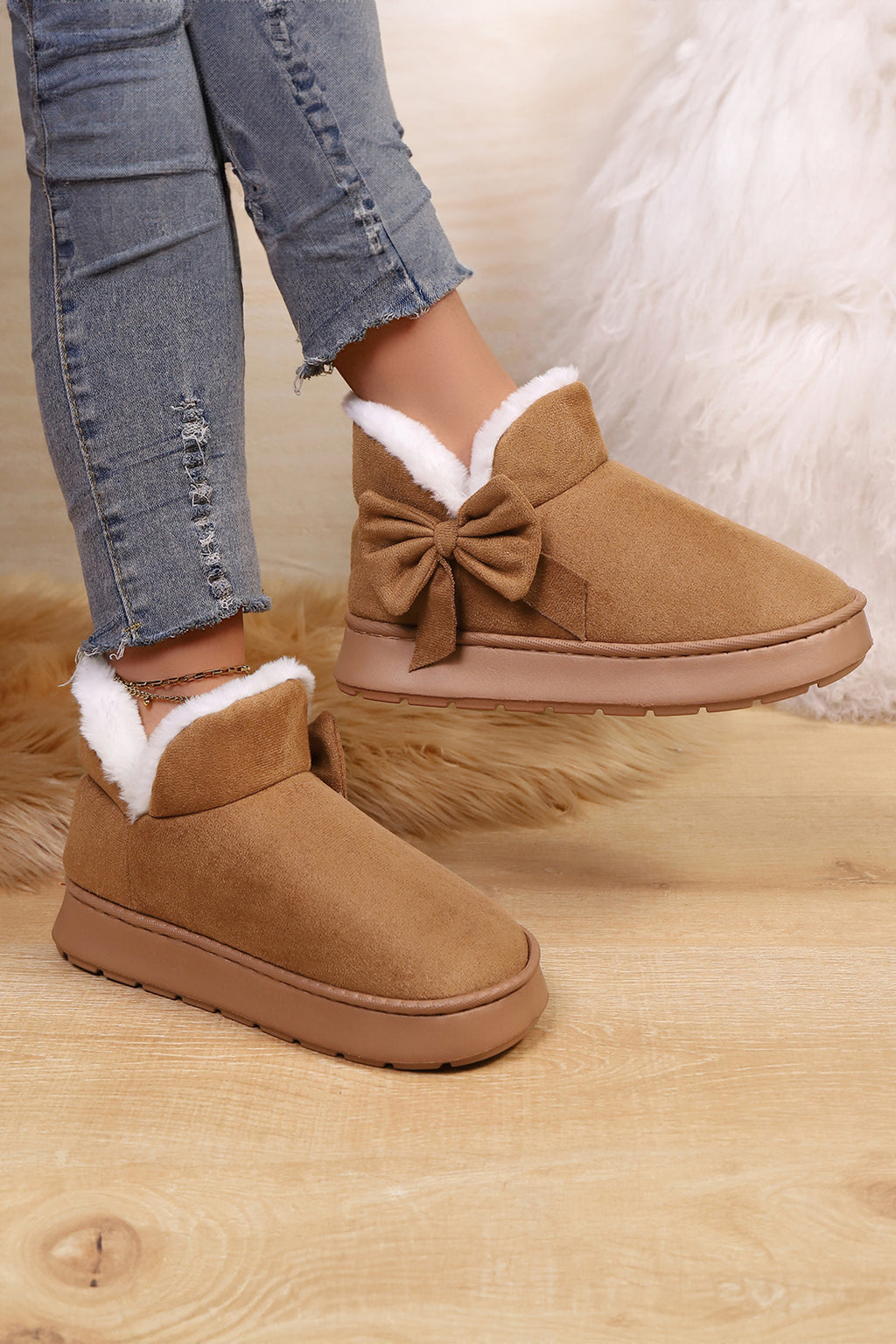 Brown Faux Suede Bow Decor Plush Lining Snow Booties 🇺🇸