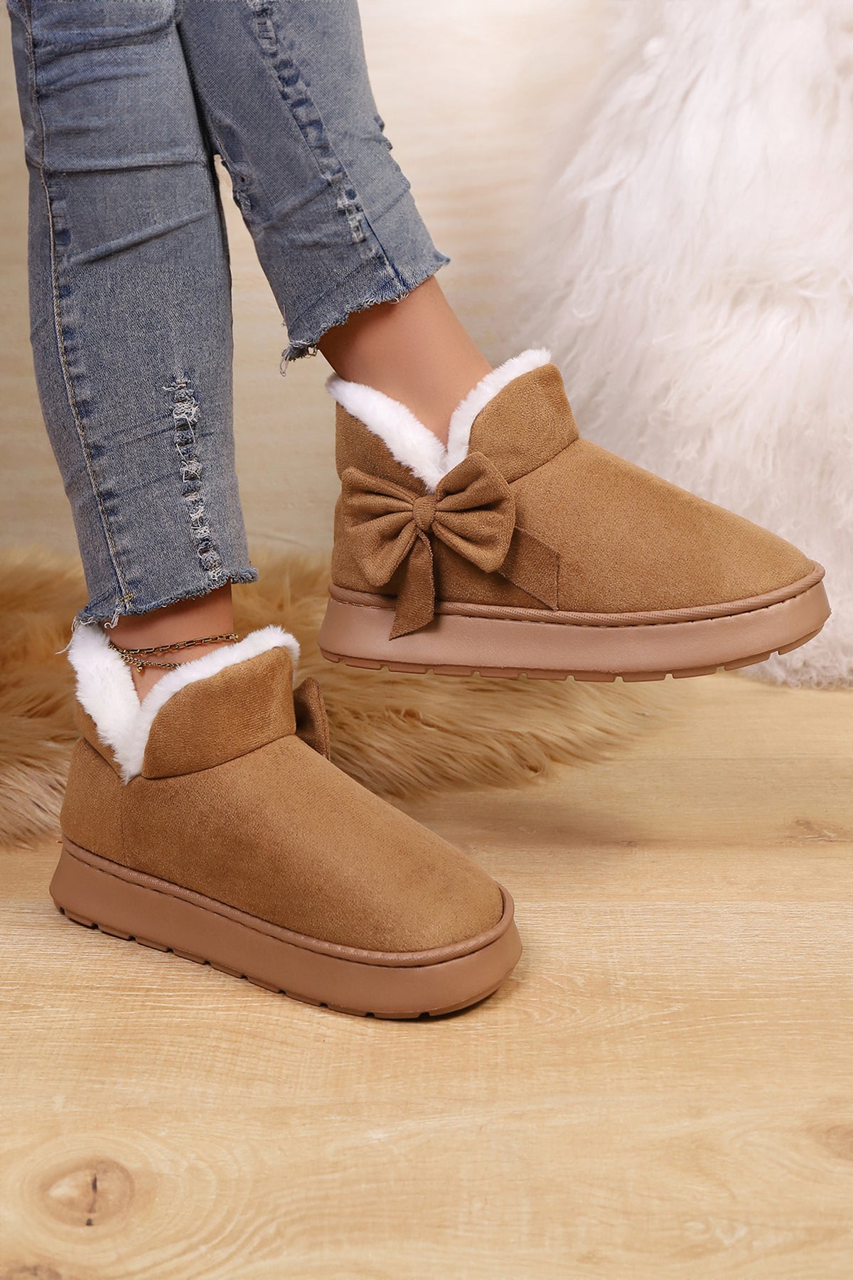 Brown Faux Suede Bow Decor Plush Lining Snow Booties 🇺🇸