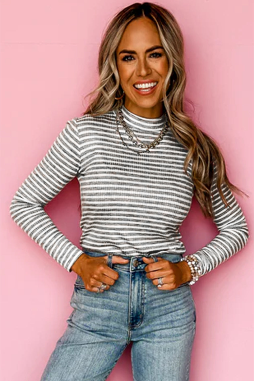 Gray Stripe Ribbed High Neck Slim Fit Long Sleeve Top 🇺🇸