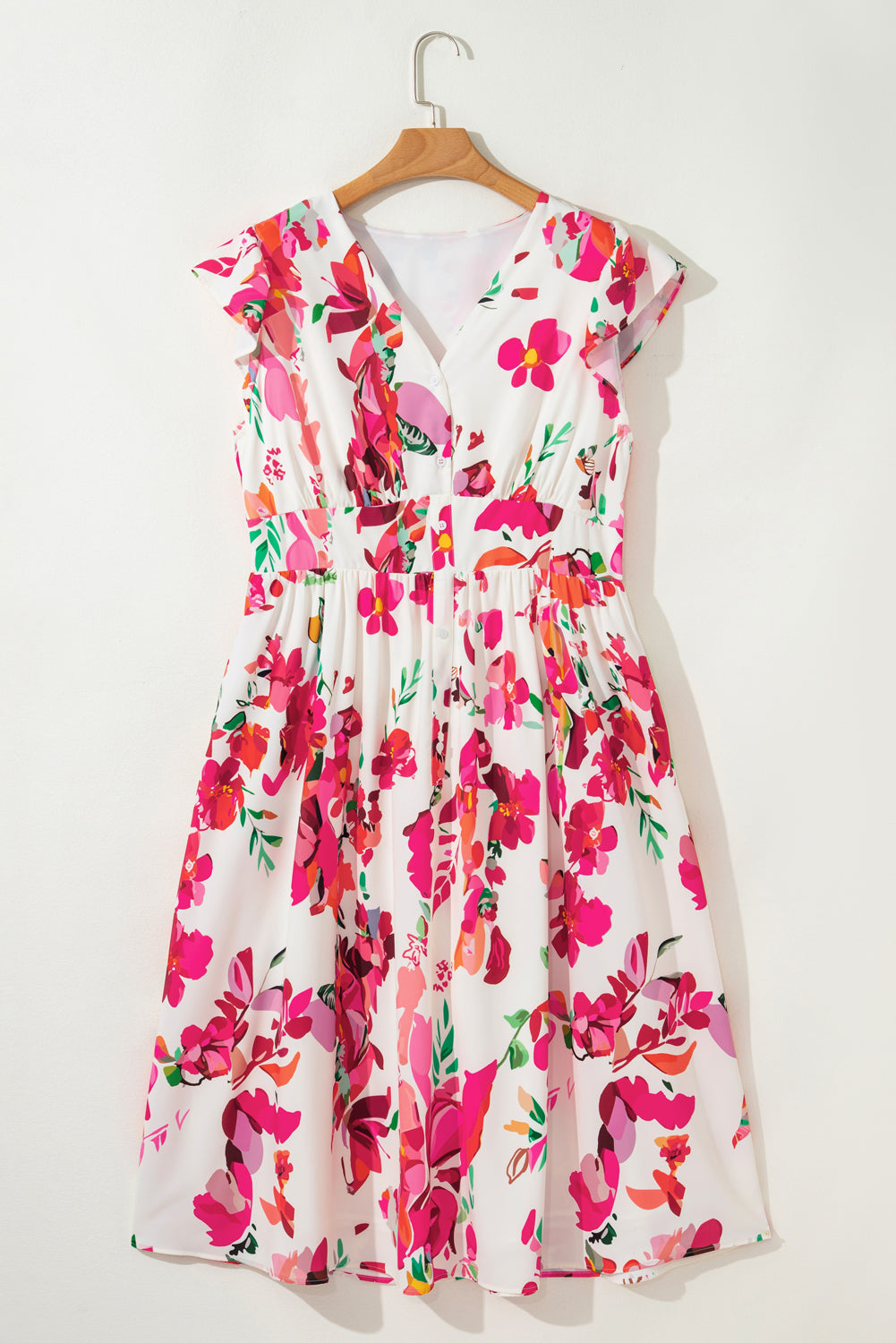 Pink Floral Print V Neck Ruffle Sleeve Plus Size Midi Dress 🇨🇳