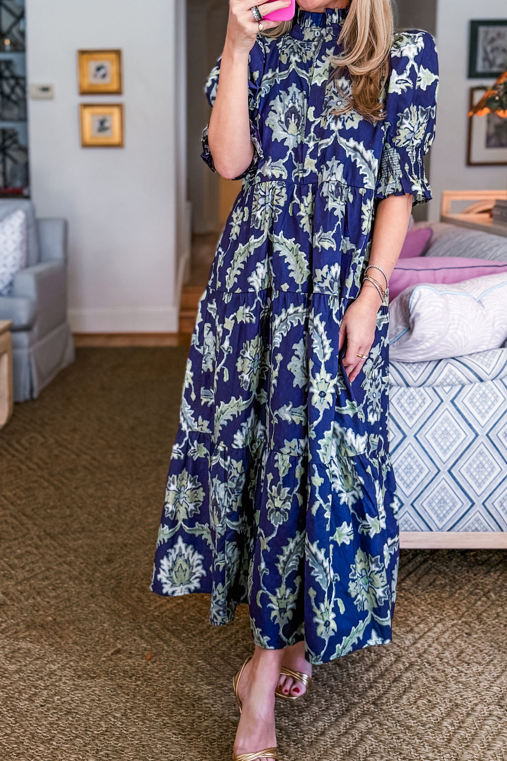 Blue Wild Floral Print Frilled Collar Half Sleeve Long Dress 🇺🇸