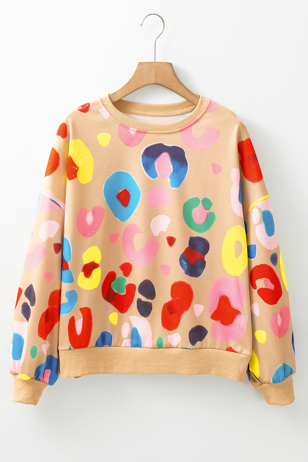 Khaki Multicolor Leopard Printed Drop Shoulder Pullover Sweatshirt 🇺🇸
