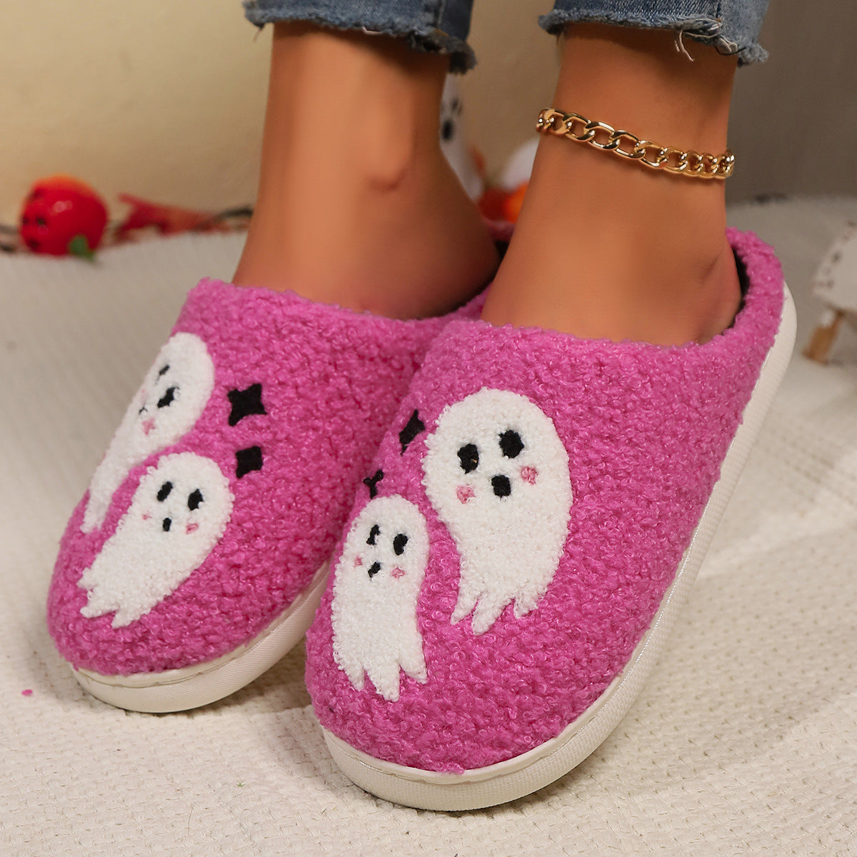 Halloween Cartoon Ghost Cotton Slippers For Women Indoor Non-slip Bedroom Floor Slipper Winter House Shoes 🇬🇧