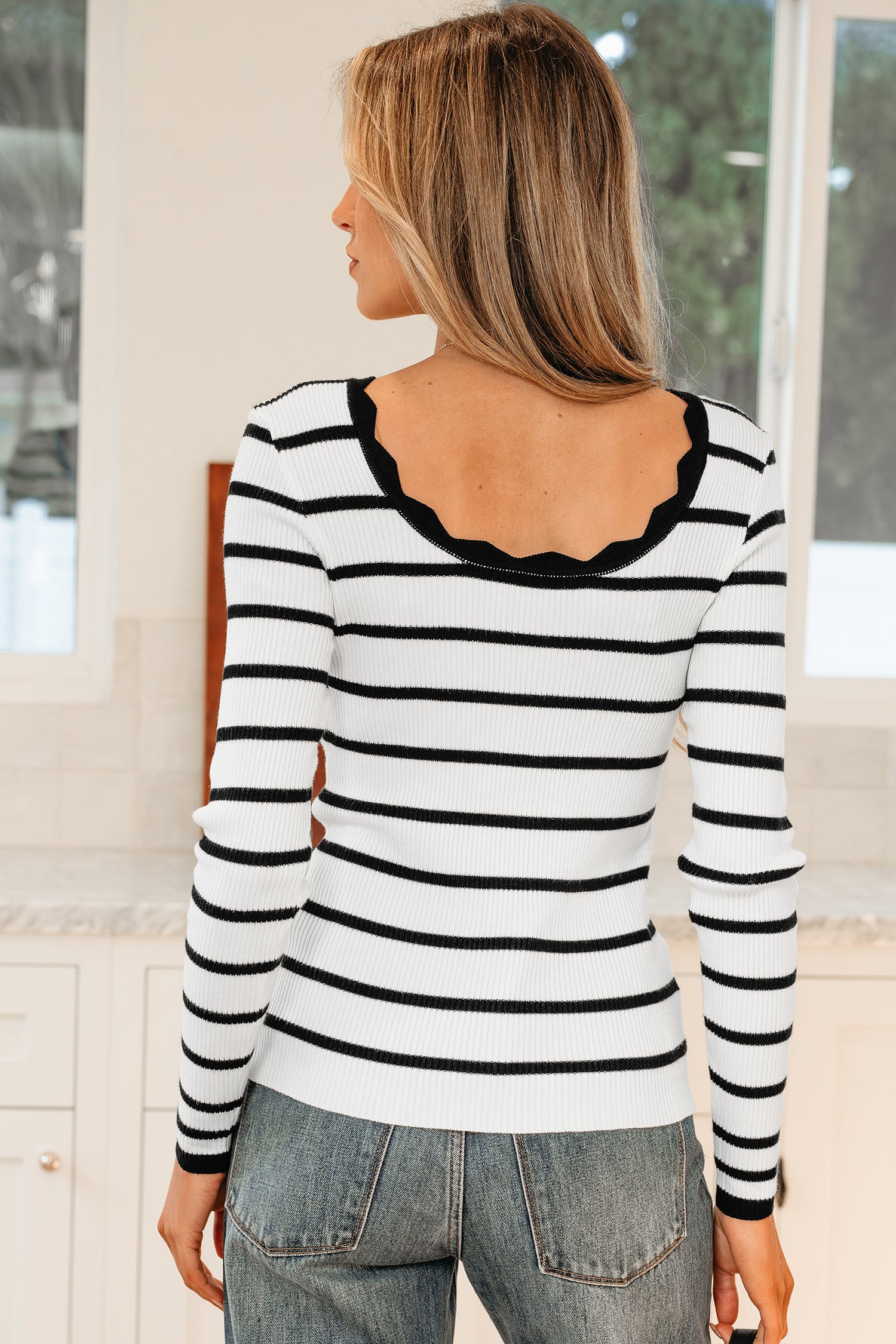 Black white Scalloped Trim U Neck Striped Ribbed Slim Sweater 🇺🇸