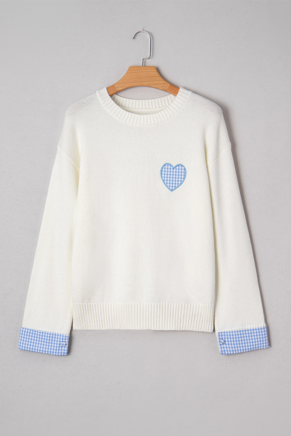 White Plaid Heart Embroidered Cuffed Drop Shoulder Crew Neck Sweater 🇺🇸