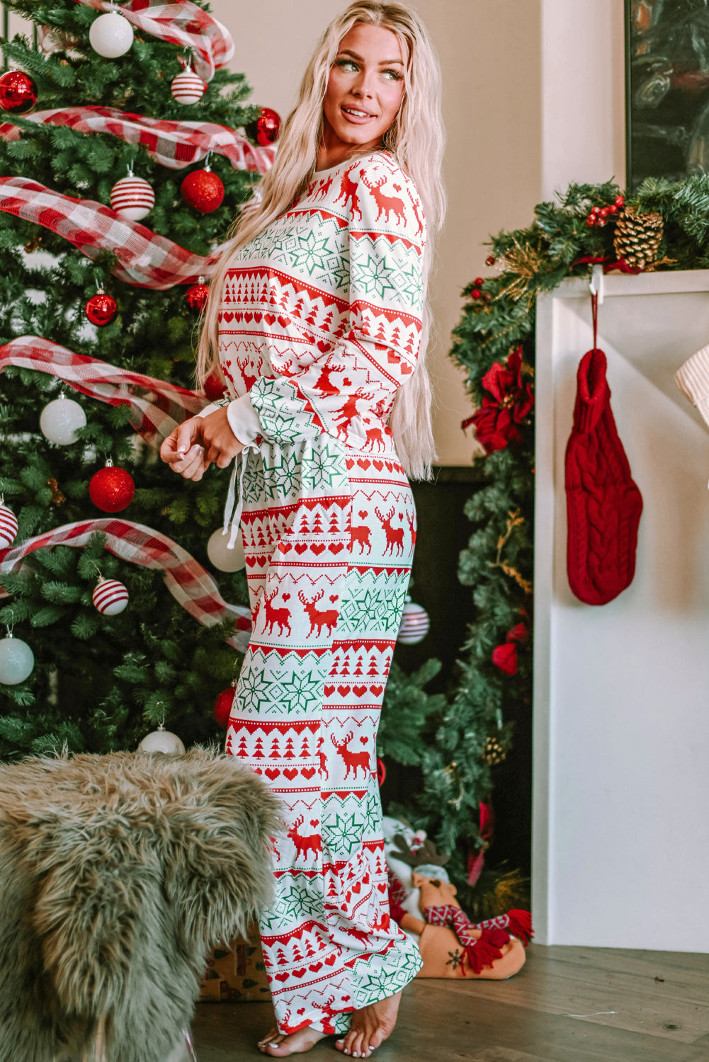 White Christmas Print Pullover and Pants Lounge Set 🇺🇸
