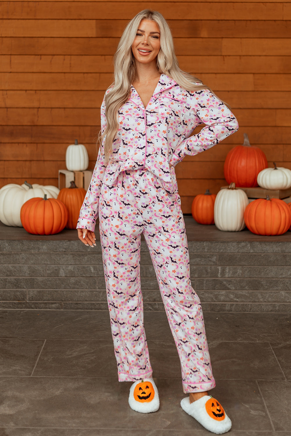 Pink Halloween Eve Haunted Honey Bat Print Pajama Set 🇺🇸