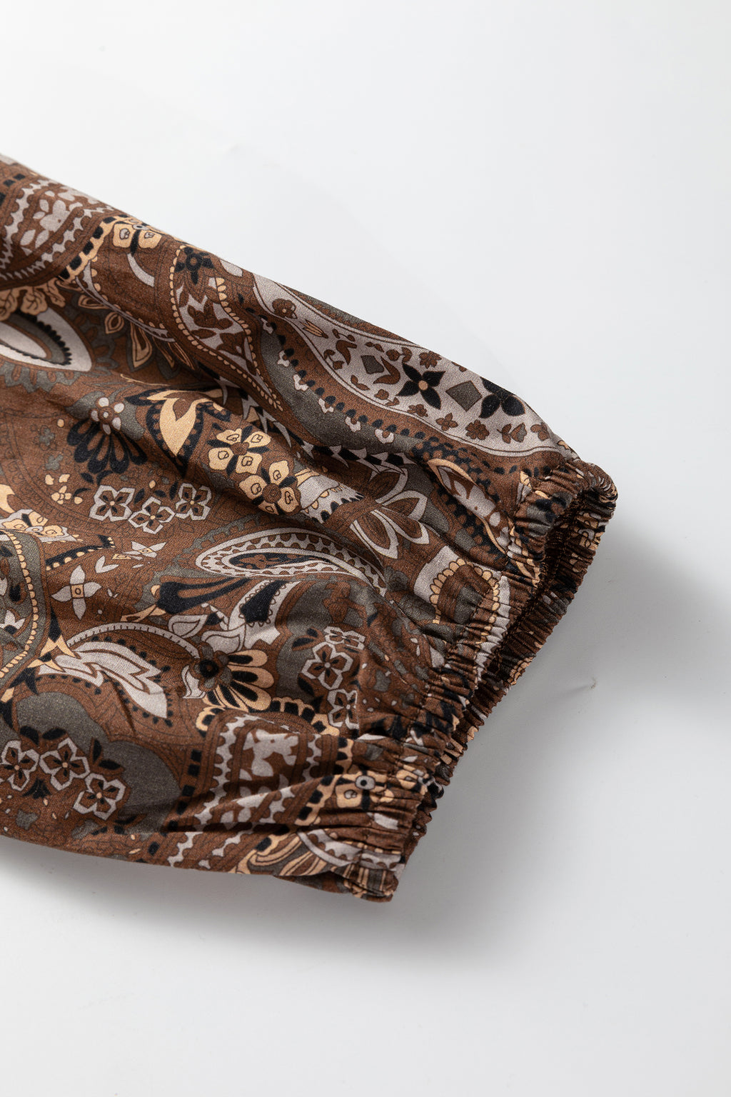 Brown Paisley Print Half Buttons Puff Sleeve Flowy Short Dress 🇺🇸