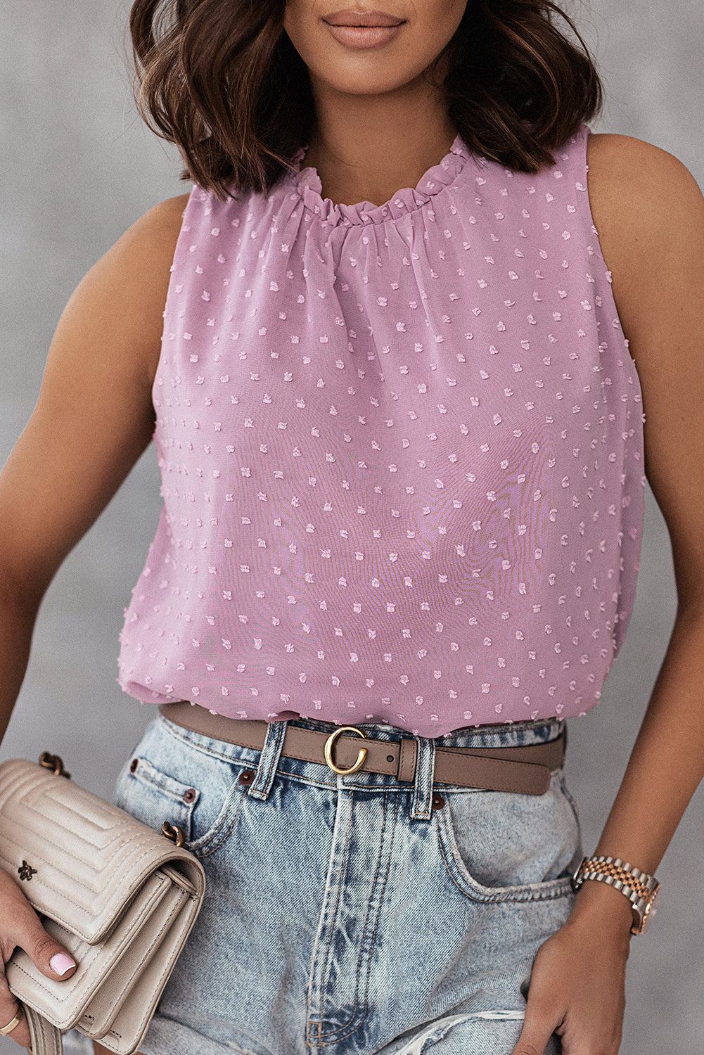 Pink Swiss Dot Sleeveless Ruffle Tank 🇺🇸