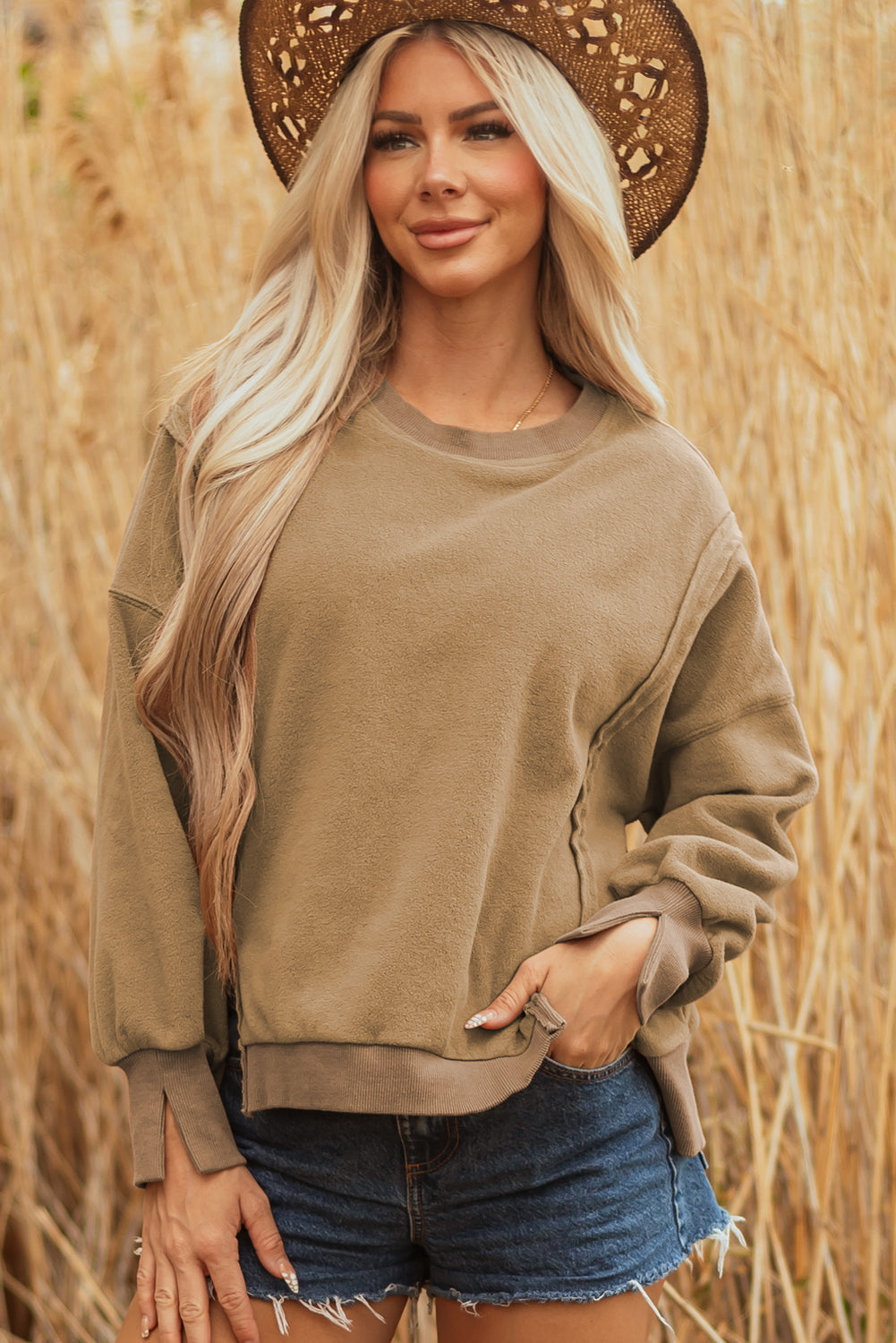 Dark Khaki Fuzzy Sherpa Splicing Pullover Sweatshirt with Side Slit 🇺🇸